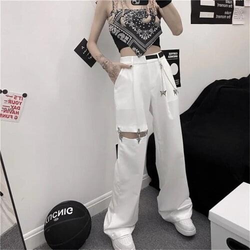 Y2k Pockets Butterfly Chain Buckle Cargo Pants Women Casual 2021 New High Waist Straight Ladies Pants Harajuku Hip Hop Trousers