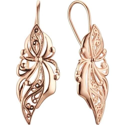 FJ Women Girls 585 Rose Gold Color Plant Geometry Leaf Earring Drop Dangle Earrings