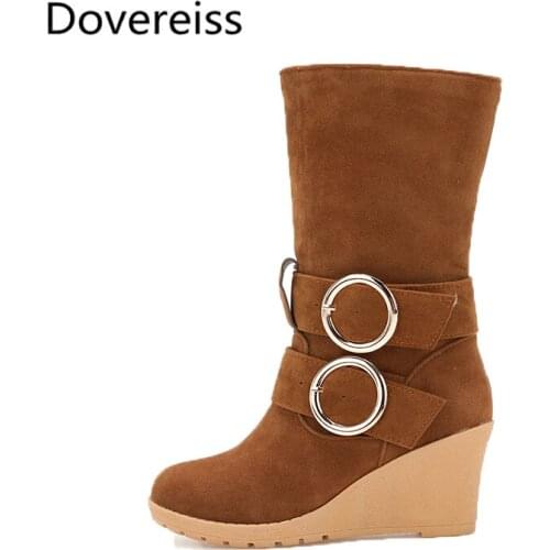 Dovereiss Fashion Womens Shoes Winter Round toe Elegant Ladies Boots Buckle Suede Wedges Half boots Wedges Concise Mature 34-43