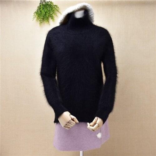 E11 ladies women fashion black turtleneck slit style mink cashmere long sleeves pullover angora rabbit fur knitted loose jumper