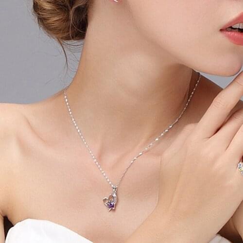 Valentiens Day Heart Pendants Necklaces for Women Lover Gifts Purple White Heart Crystal Necklace