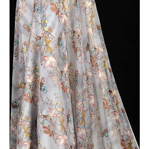 130CM Wide 8MM Floral Print Thin Stretch Gray Silk Georgette Fabric for Summer one-piece dress Shirt Clothes J240