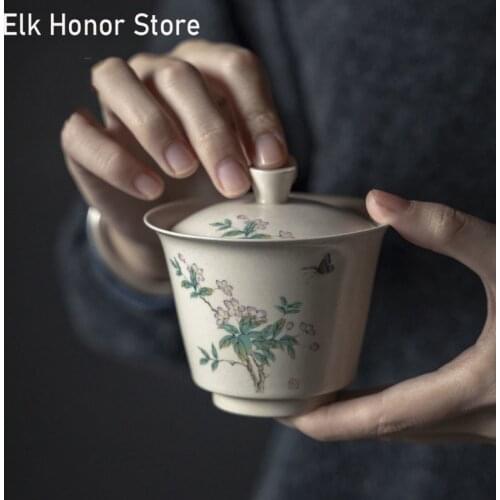 150ml Retro Handmade Begonia Ceramic Bowl Tea Cup Single Japanese Trumpet Plant Ash Tea Bowl Household Hand-held Kung Fu Tea Set