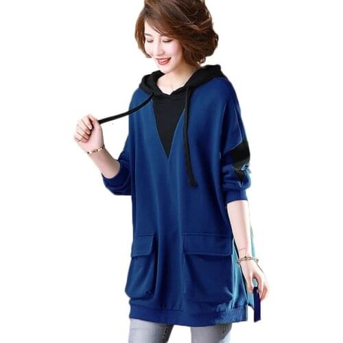 2021 Women Sweat Shirt New Spring Fall Loose Plus Size Sweat Shirt Mid-length Splicing Tops Female Casual All-match Hooded Top