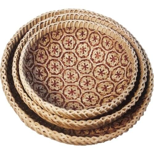 3pcs Bamboo Woven Fruit Basket Multifunction Round Storage Basket For Vegetable Bread Egg Storage Basketry Snacks Container