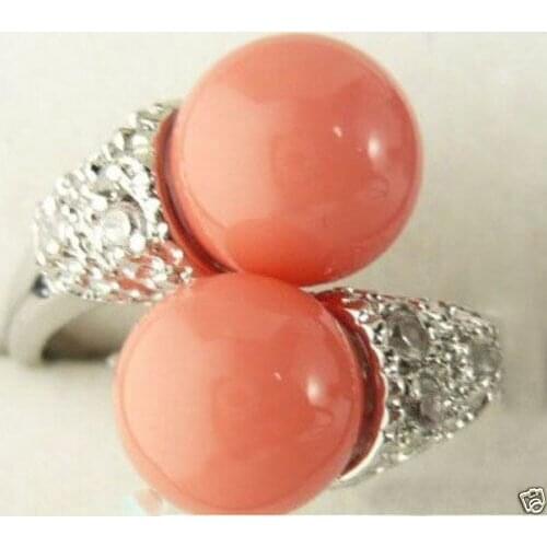 FREE SHIPPING>>>@@ Wholesale price 16new ^^^^Jewelry Double Pink Coral Bead Ring Size 7# 8# 9
