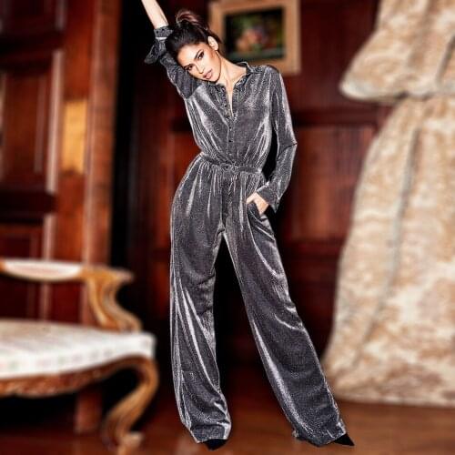 Designer Chic 2019 Silver Black Glitter Shirt Jumpsuit Sexy Button Embellished Lace Up Drawstring Sparkly Wide Legs Jumpsuits