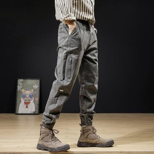 Japanese Vintage Fashion Men Jeans Loose Fit Gray Color Elastic Casual Cargo Pants Men Overalls Streetwear Hip Hop Joggers