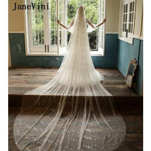 JaneVini Bling Bling Sequined Cathedral Bridal Veils with Comb One Layer Cut Edge Tulle 3M Long Women Wedding Hair Accessories