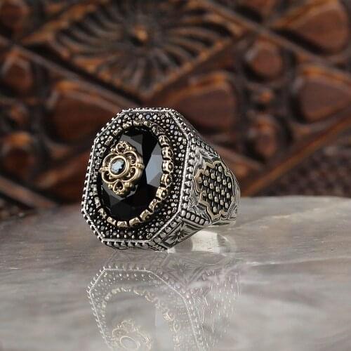 Onyx 925 Silver Engraved Traditional Handmade Turkish Signet Ring Jewelry Gift for Women Men