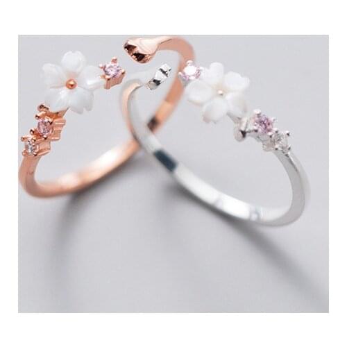 S925 Sterling SilverColor Small Synthetic Shell Flower Rings Open Adjustable For Women Lady Daughter Jewelry Gift
