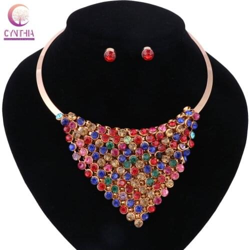 Gold color Crystal Jewelry Set For Women African Beads Statement Necklace Earrings Sets Costume Fashion Dress Accessories
