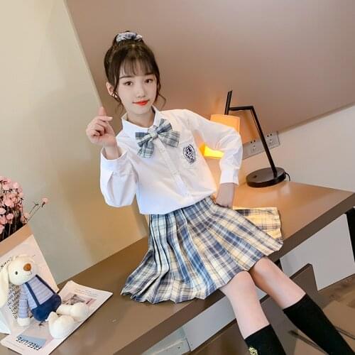 Autumn Spring Girls JK Uniform Clothing Set Child Shirt Plaid Pleated Skirt Sweater 3pcs Clothing Set Kids Sweet Party Costume