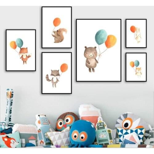 Rabbit Fox Bear Owl Raccoon Balloon Nursery Wall Art Canvas Painting Nordic Posters And Prints Wall Picture Baby Kids Room Decor