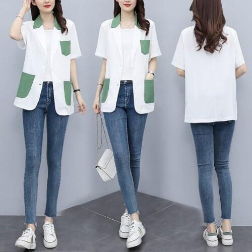 Short Sleeve Plus Size Summer Blazer 2021 New Womens Temperament Suit Collar Color Matching Chiffon Sunscreen Jacket Tops zh146