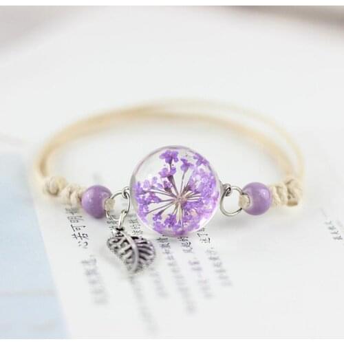 Fashion Plant Specimen Dried Flowers Ball Wax Rope Glass Bracelets Ethnic Style Hand-woven Crystal Bracelets Women Jewelry