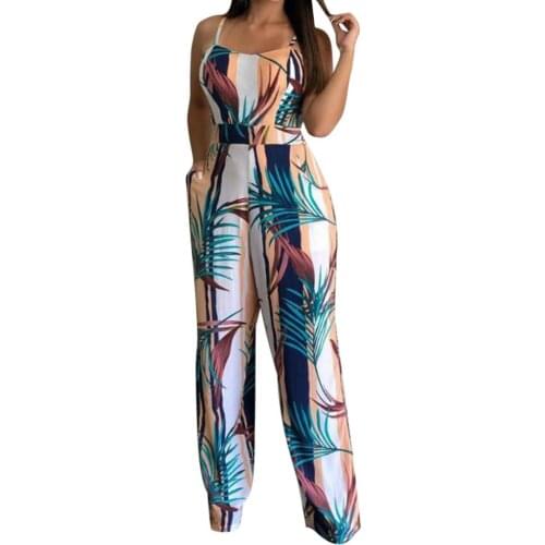 Fashion Women Sleeveless Leaf Printing Jumpsuit Casual Clubwear Wide Leg Playsuits Polyester Long Pants Sexy Rompers 10May 15