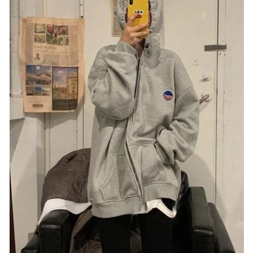 Oversized zip up hoodie streetwear sweatshirt loose long-sleeved korean style jacket Autumn 2020 zipper women tops gray hoodie