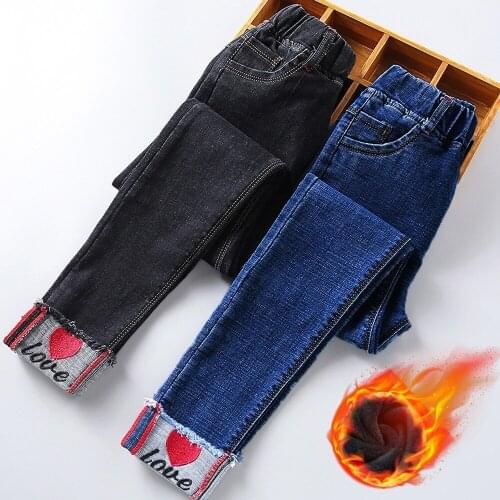 2021 New Red Love Heart Girls Jeans for Kids Winter Thicken Fleece Wool Trouser Children Kid Denim Pant Baby Boy Infant Clothing