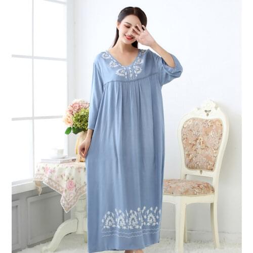 Spring Loose Home wear Sleepdress Three-quarter Sleeve Nightdress Women Cotton Embroidery Nightgown Female Plus size