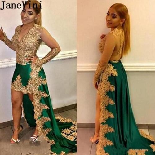 JaneVini Arabic Gold Appliques Prom Dresses Beaded High Low Green Bridesmaids Dresses Sheer Long Sleeve South African Party Gown