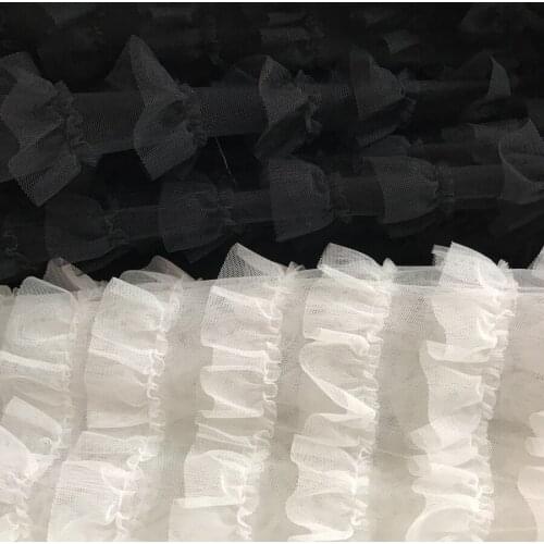 51.2" Wide Pleated Lace Fabric, Layers Ruffled Mesh Fabric, Tutu Dress Fabric In Black/Ivory White 2 Colors