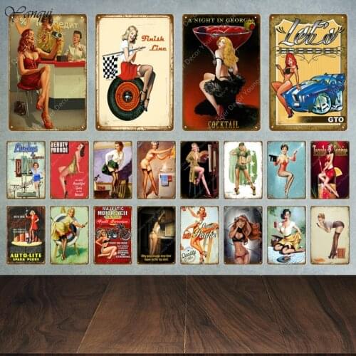 Lucky Pin Up Girl Tin Signs Sexy Lady Metal Plaque Wall Decor For Bar Pub Club Home Room Poster Retro Metal Painting YA032