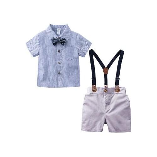Short sleeve stripe shirt blue bow tie+suspender trousers baby boy summer clothing suit newborn overalls set 2019 infant outfit