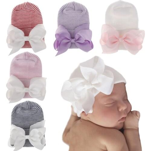 Newborn Baby Knit Hat with Large Ribbon Bow Infant Hospital Hat Baby Warm Beanie Bows for Headwear Knitted Headwrap Turban