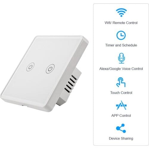 WiFi Touch Wall Smart Switch Glass Panel Light Wireless Lighting Remote Control SmartLife APP Alexa and Google Home White