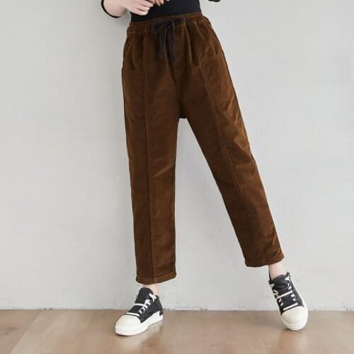 Corduroy Pants Women Winter Elastic Waist velvet trousers Plus Size Loose Warm Fleece Solid Color Harajuku Cargo harem pants