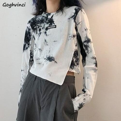 Harajuku Tie-dye Long Sleeve T-shirts Women Slim Asymmetrical Designs High Street Vintage Crop Tops Cozy Korean Style Hipsters