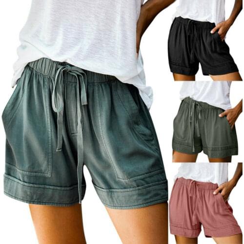Womens Summer Drawstring Splice Casual Elastic Waist Pocketed Loose Shorts