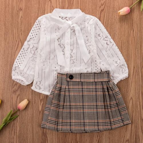 1-6Y Toddler Girls Clothes Set Solid Color Long Sleeve Lace Bowknot Shirts + Plaid A-line Skirt Spring Autumn 2Pcs Formal Outfit