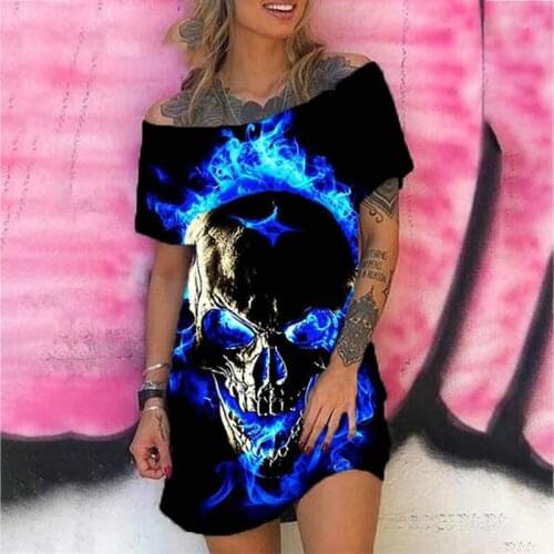 2021 Summer Sexy Off Shoulder Blue Flame Skulls Print Women Dress Slash Neck Short Sleeve Cotton Blend Loose Vintage Dress