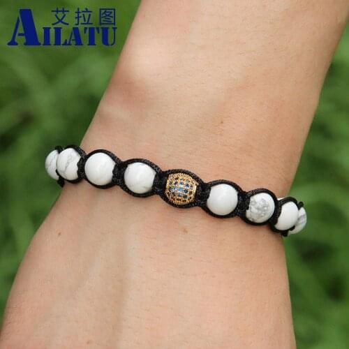 Ailatu Nautral White Howlite Marble Stone Beads with Micro Paved Blue Zircons Ball Braiding Macrame Bracelet