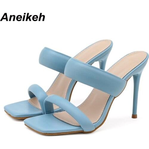 Aneikeh 2021 NEW Fashion Sexy PVC Women Summer Thin Heels Ladies Shoes Slippers Peep Toe Shallow Solid Outside Shallow Party