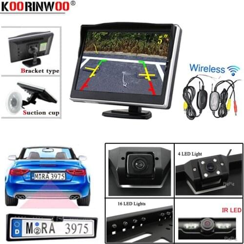 Koorinwoo Auto Wireless IR Rear View camera HD EU License Plate Frame waterproof Back Up Camera Parktronic 5 inch Number monitor