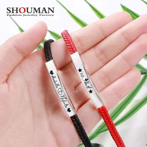 SHOUMAN 2 Pcs Couple Bracelet Personalized Custom ID Artificial Woven Stainless Steel Black And Red Bracelet Valentine Day gift