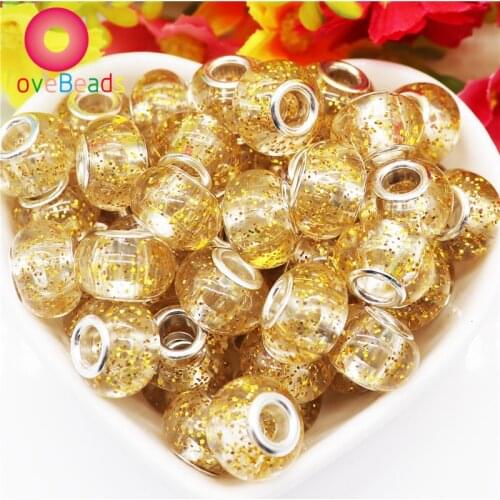 10Pcs Gold Glitter Powder Large Hole Spacer Beads Charms Fit Pandora Bracelet Bangle Necklace Earrings Hair Beads Jewelry Making