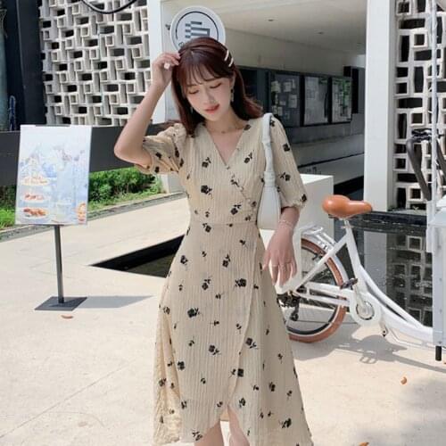 One-Piece Korean Fashion WomenS Dress Summer 2021 Elegant V-Neck Puff Sleeve A-Line Romantic Printing Dress Casual Midi Dresses