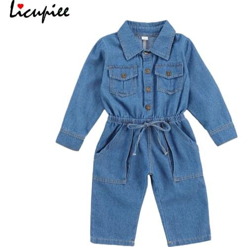Kids Rompers Autumn New Blue Solid Button Pockets Long Sleeve Overalls Cargo Pants Toddler Baby Boy Girl Denim Romper 2-7 Years