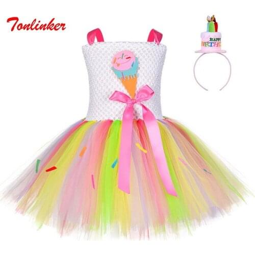 Girls Festival Party Cartoon Candy Skirt+Headwear Rainbow Tulle Tutu Skirt Girls Birthday Dress Christmas Performance Ball Gown