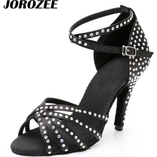JOROZEE Black Satin Latin Dance Shoes Womens Rhinestone Companionship Salsa Party Ballroom Dancing Shoes High Thin Heel 10cm