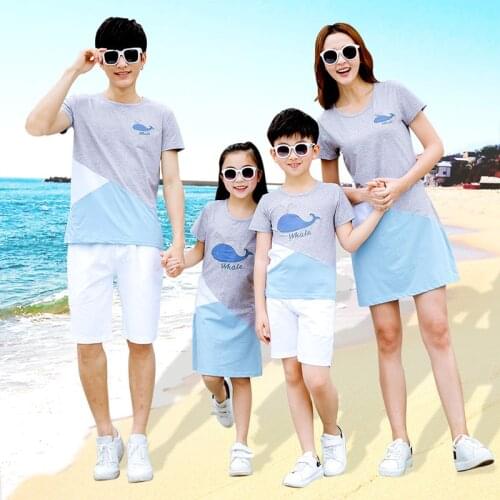 Summer Family Matching Outfits Mother Daughter Holiday Seaside Cotton Causal Dresses Dad Son T-shirt+Shorts Couple Clothing Set