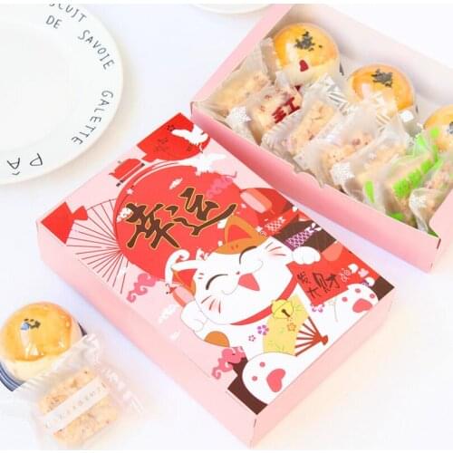 New Year Lucky Cat Gift Box Snowflake Crisp Nougat Egg Yolk Puff Mooncake Biscuit Packaging Box LX5130