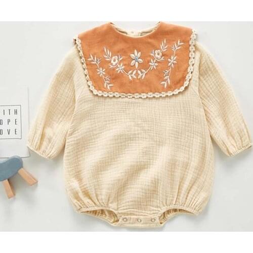 Autumn Newborn Infant Baby Girls Linen Bodysuit Outfits Jumpsuit Solid Color Embroidery Flower Kids Bodysuits