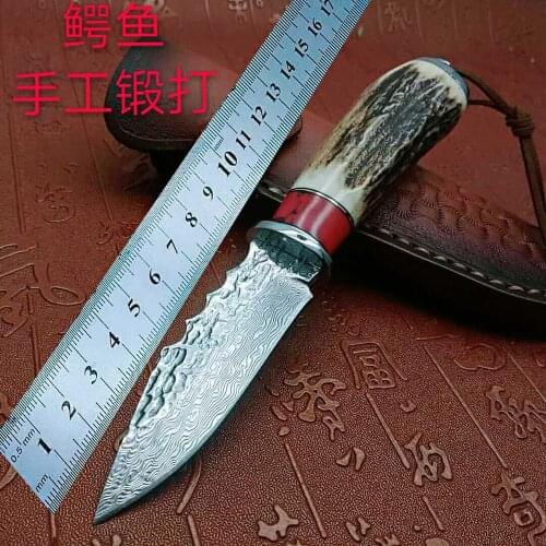 Hand-forged Damascus steel+antlers handle straight blade VG10 steel pattern steel fixed blade outdoor camping tool knife