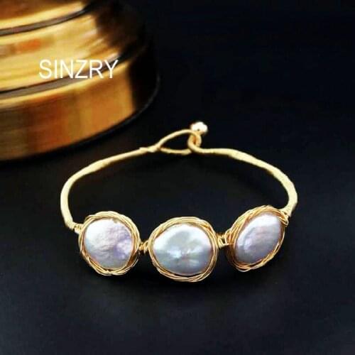 SINZRY original design gold color handmade irregular freshwater pearl wire kinking charm cuff bangles lady jewelry accessory