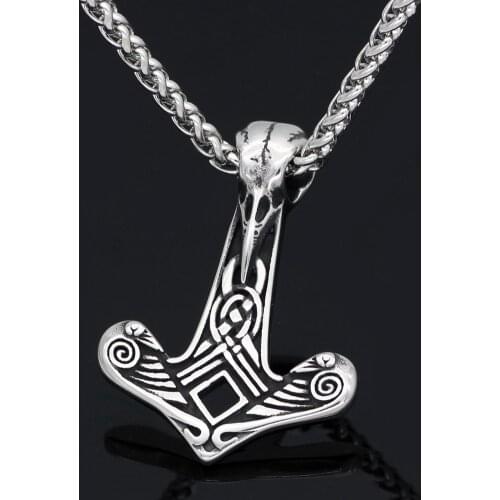 Nordic viking stainless steel raven skull thor hammer Mjolnir pendant necklace